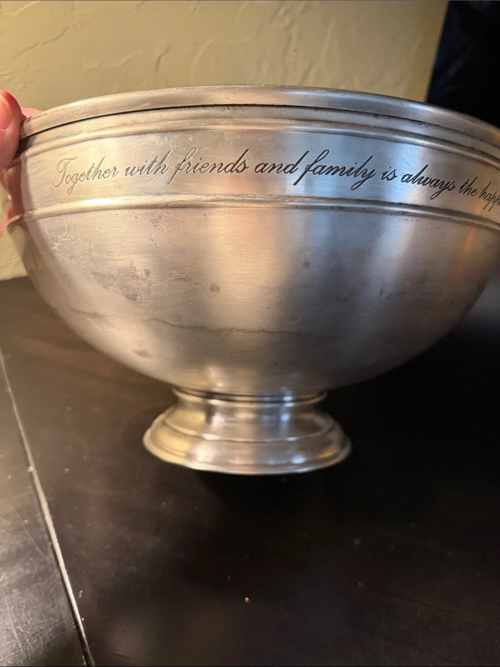 Discontinued Pottery Barn Large Antique Silver Engraved Sentiment Bowl
